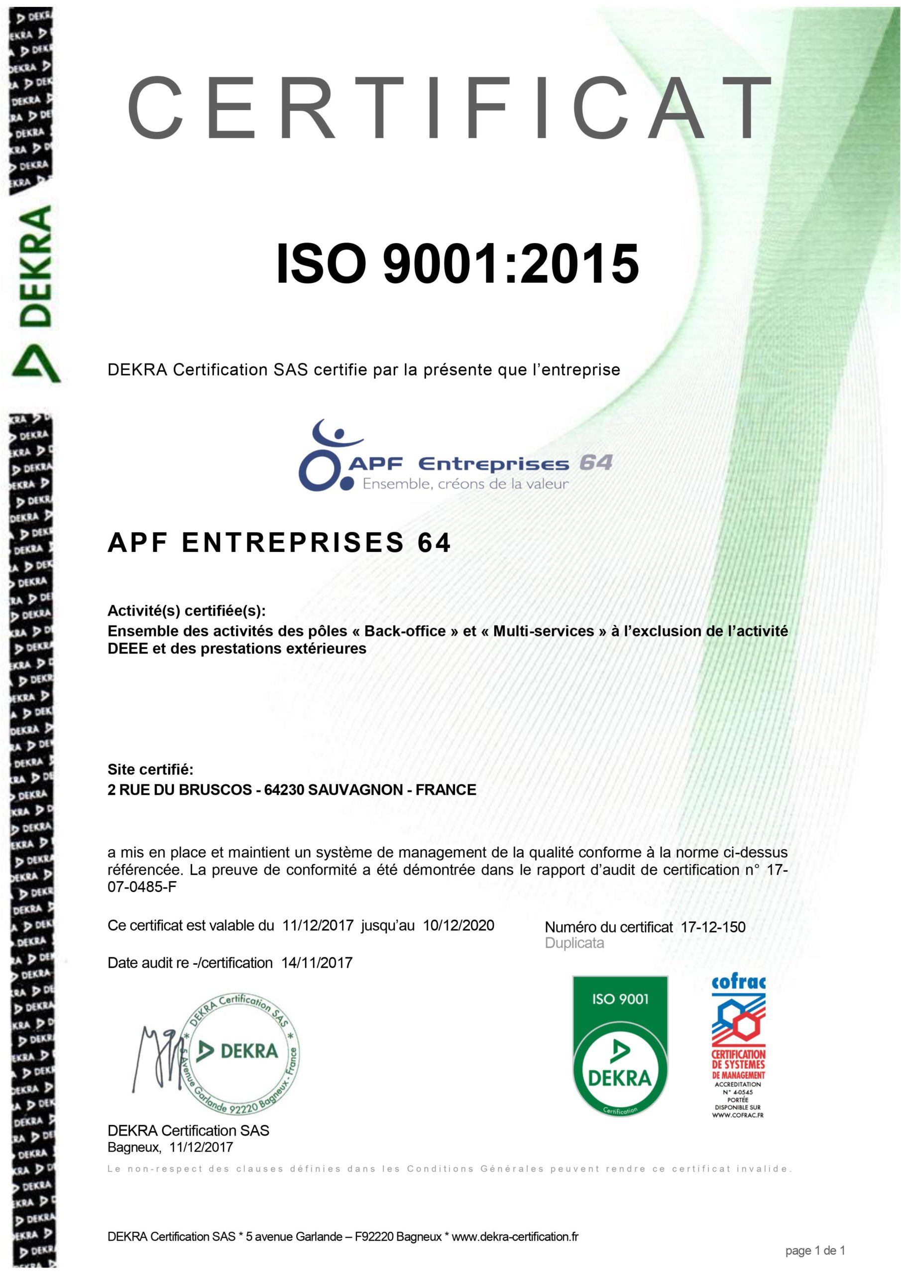 L'attestation Attestation ISO 9001.